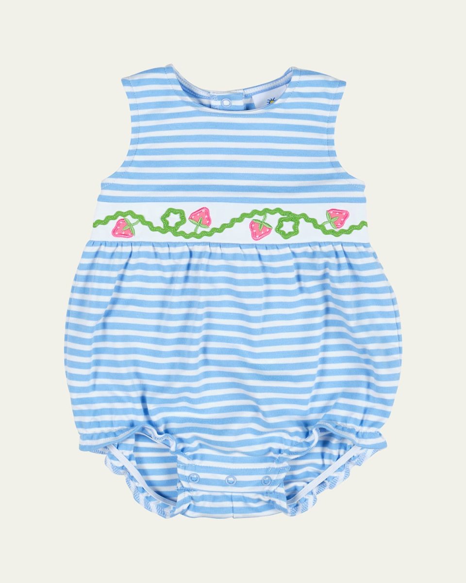 Striped Bubble Romper W/ Embroidered Strawberries, Size 3M-24